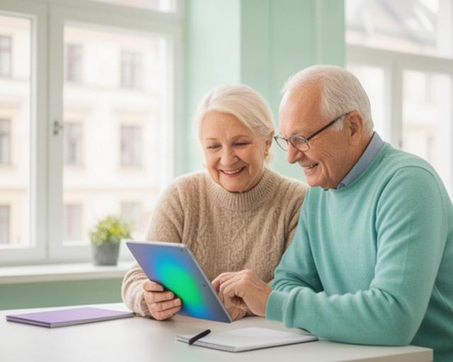 Draudzīgs senioru pāris gaišā Rīgas telpā kopā apgūst drošu planšetdatora lietošanu